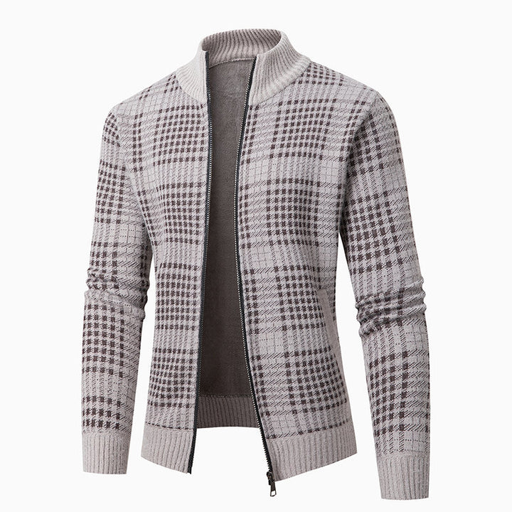 Herren Feinstrick-Zipcardigan mit Glencheck‑Muster, Stehkragen und Zwei‑Wege‑Reißverschluss Drune