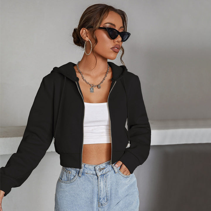 Damen kurze Kapuzenjacke mit durchgehendem Reißverschluss taillierter Silhouette und elastischen Bündchen Drune