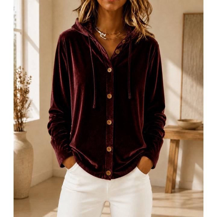 Damen Velours-Hemdjacke mit Kapuze und Knopfleiste Drune