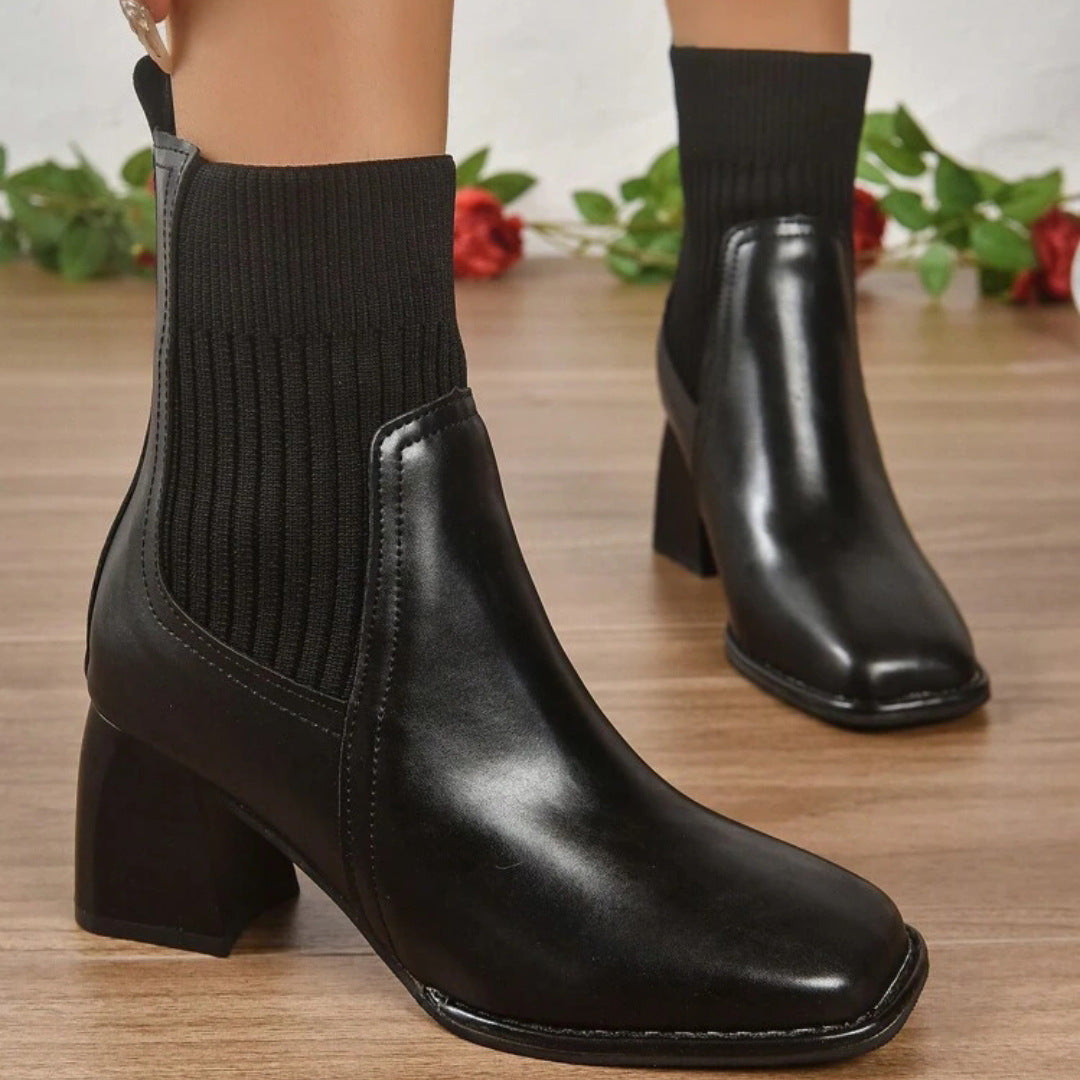 Damen Elegante Blockabsatz Stiefeletten mit Strickschaft Drune
