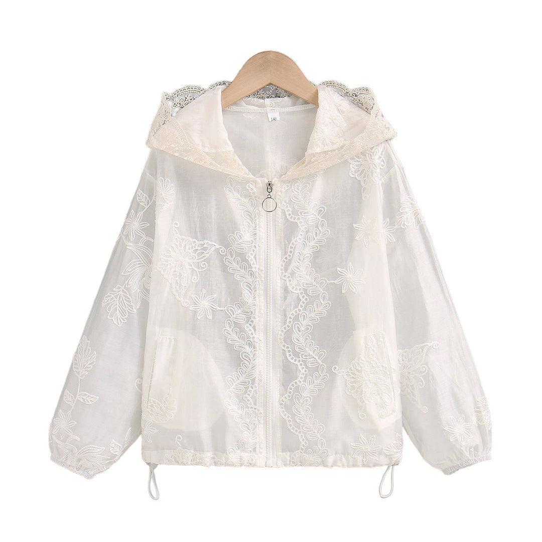 Damen nan transparente bestickte Kapuzenjacke mit Reißverschluss und Tunnelzug Drune