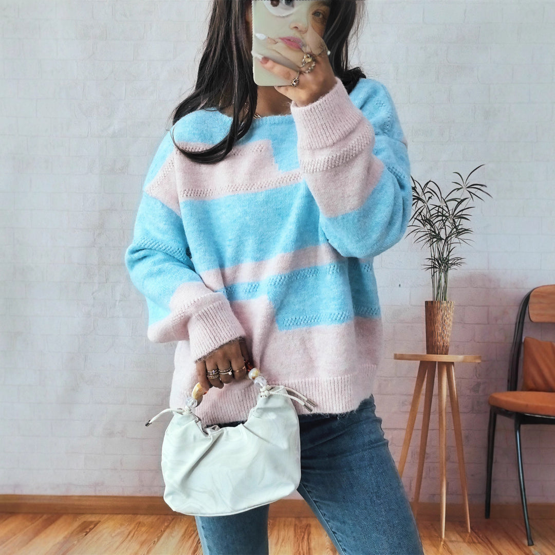 Damen Grobstrickpullover mit modischem Streifenmuster und weitem Schnitt Drune