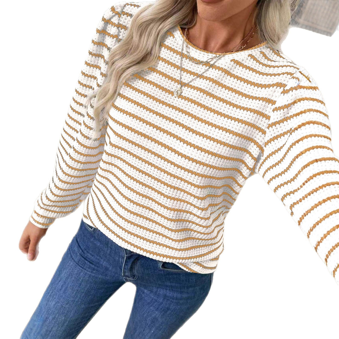 Damen Gestreiftes Feinstrick-Longsleeve mit Strukturstrick und Rundhalsausschnitt Drune