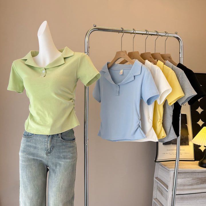 Damen Poloshirt mit kurzen Ärmeln und Kordelzugdetail Drune