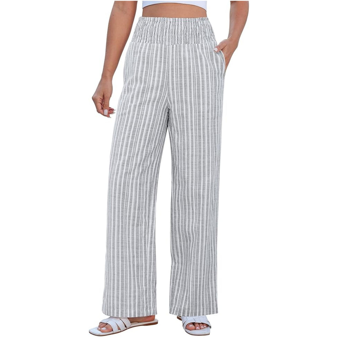 Damen Leichte Leinenhose mit weitem Bein, hoch geschnittener geraffter Gummibund und Seitentaschen Drune