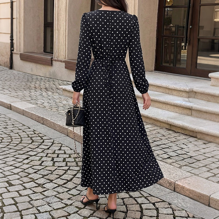 Damen Polka‑Dot Maxikleid mit Spitzen‑V-Ausschnitt, Empire‑Taillenlinie und langem Fließrock Drune
