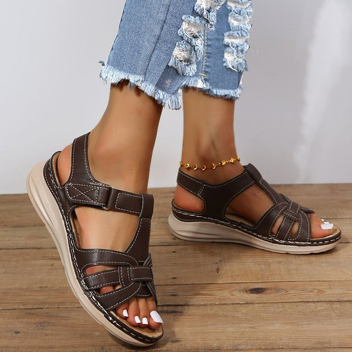 Damen Komfort-Sandalen mit Soft-Leder, geflochtenem Vorderblatt und verstellbarem Klettverschluss Drune