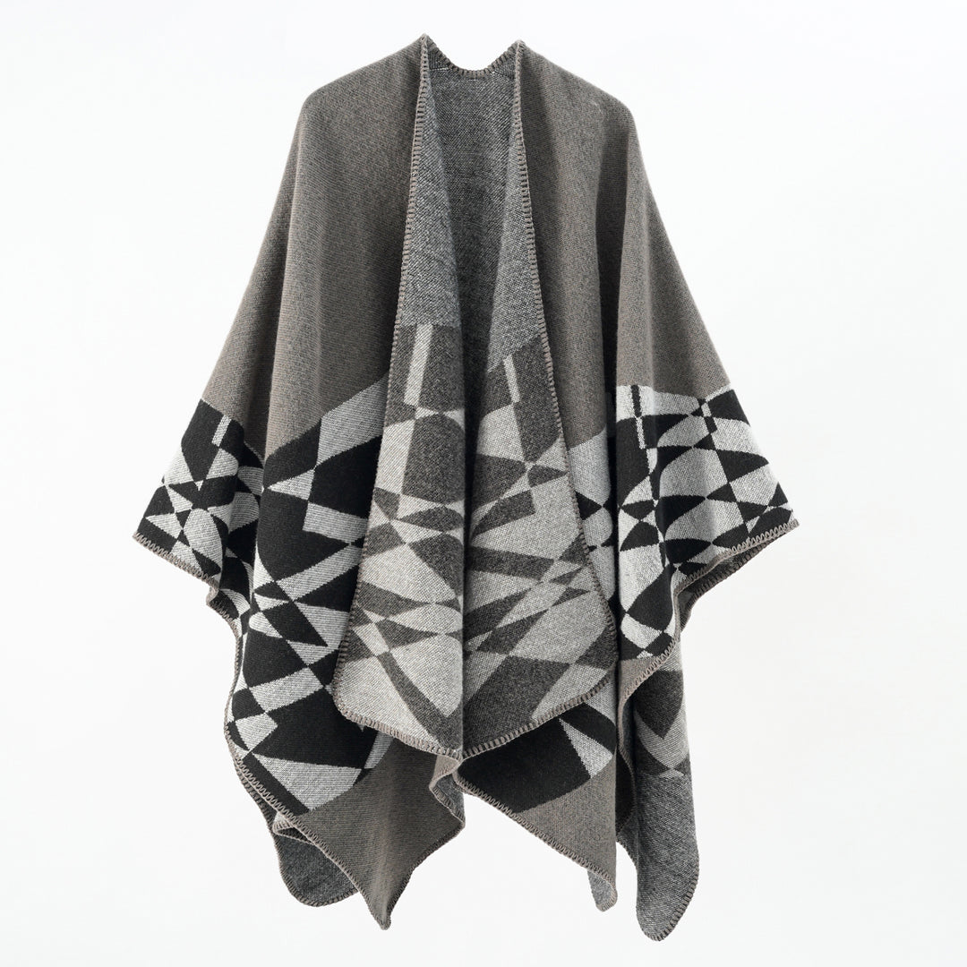 Damen Großer Strickponcho im Cape‑Schnitt mit Ziernaht und geometrischem Intarsia Drune