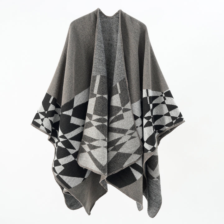 Damen Großer Strickponcho im Cape‑Schnitt mit Ziernaht und geometrischem Intarsia Drune
