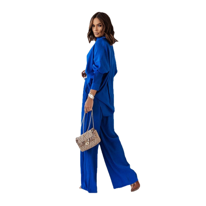 Damen Crinkle-Lounge-Set mit oversized Hemdbluse und weiten Palazzo-Hosen Drune