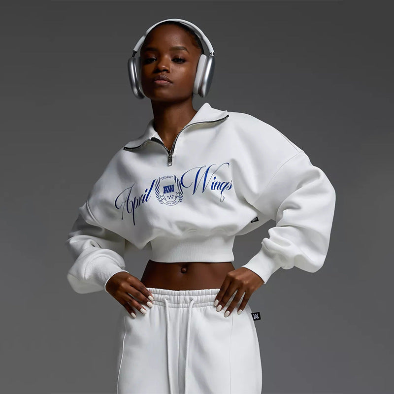 Damen Cropped Halbzip-Sweatshirt mit weitem High‑Waist Loungehose Set Drune