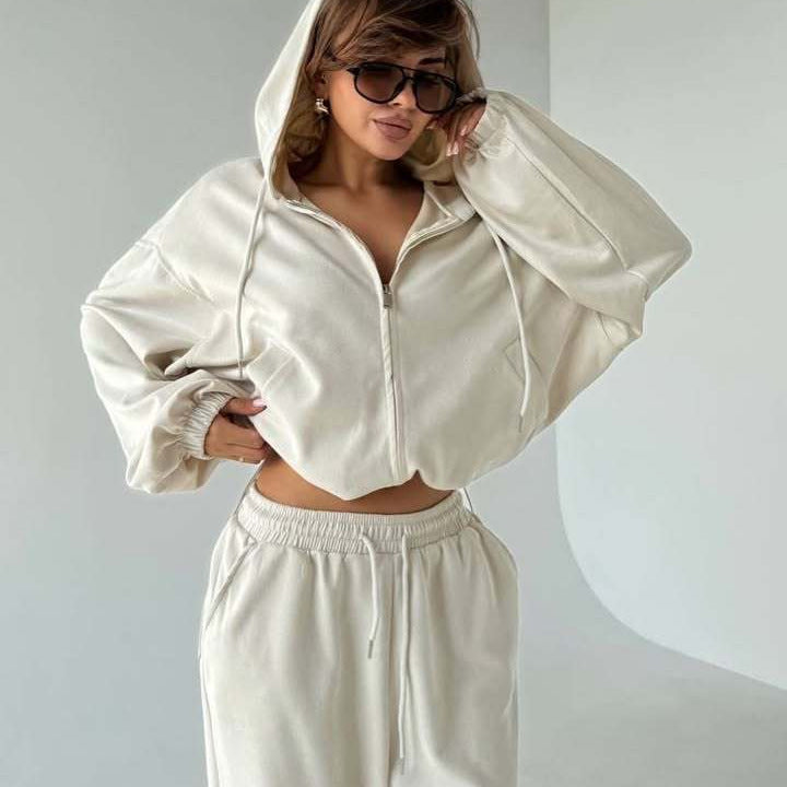 Damen Velours-Cropped-Kapuzenjacke mit Ballonärmeln und weiter Palazzo-Sweathose Drune