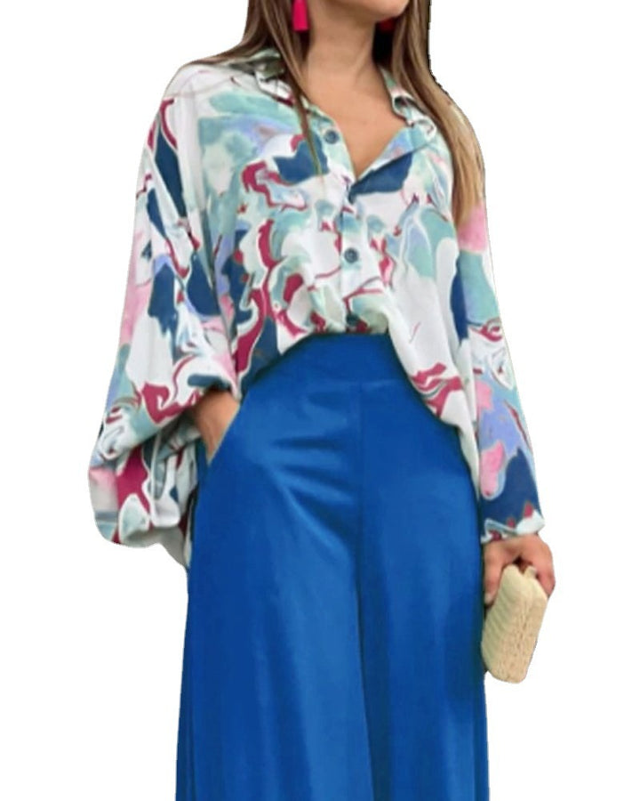 Damen Oversize Hemdbluse mit abstraktem Aquarellprint und überschnittener Schulter Drune