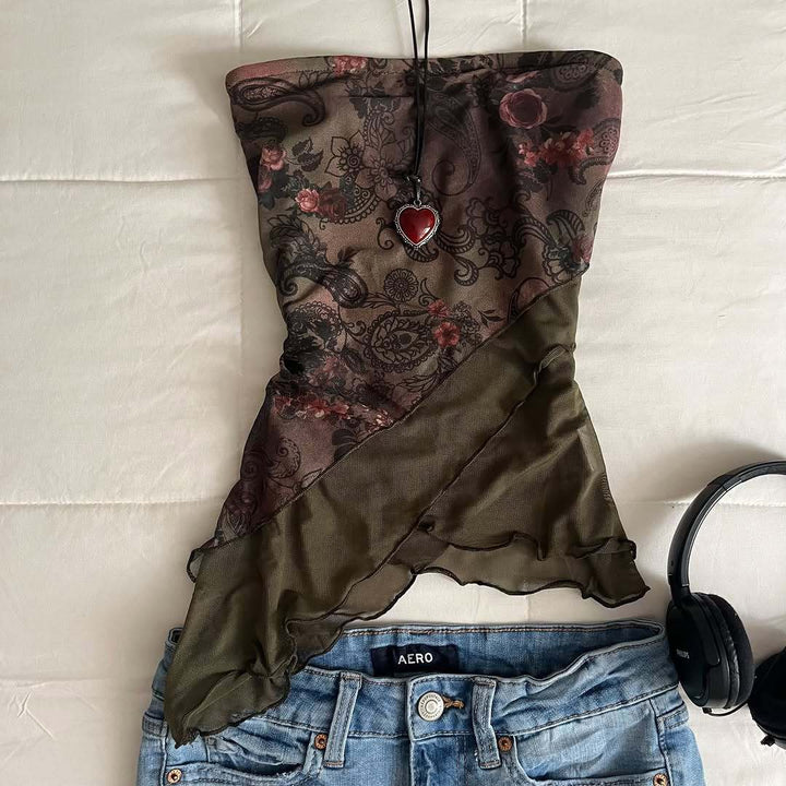 Damen Raffiniertes Oberteil mit floralem Design und asymmetrischem Schnitt Drune