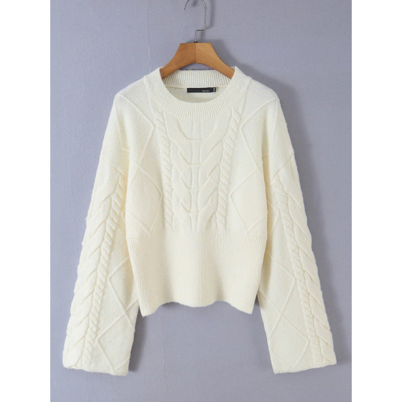 Damen Kurz geschnittener Zopfstrick-Pullover mit weitem Ärmel und geripptem Saum Drune