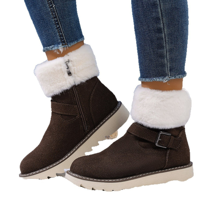 Damen Gefütterte Kurzstiefelette mit Kunstfellkragen, Velours‑Optik und Zierschnalle Drune
