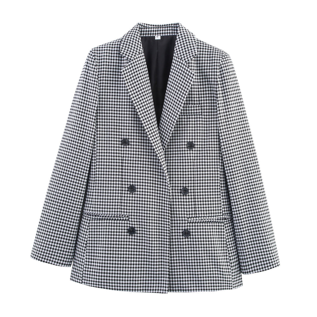 Damen Doppelreihiger Wollmix-Blazer im Glencheck/Hahnentritt mit leicht boxy Schnitt Drune