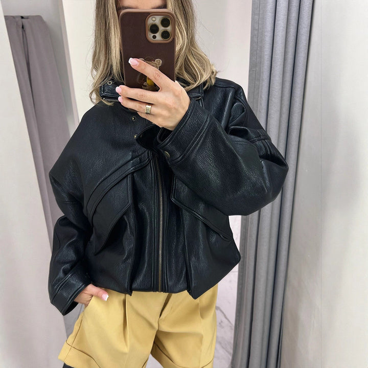 Damen Oversize-Bomberjacke aus strukturiertem Lederimitat mit überlappender Klappenfront Drune