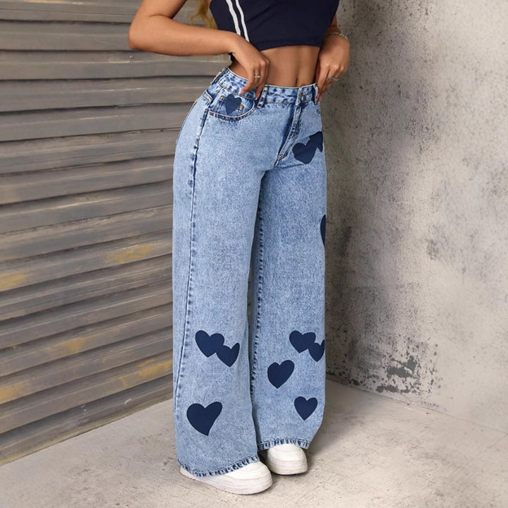 Damen weite Jeans mit Herzen-Applikationen Drune