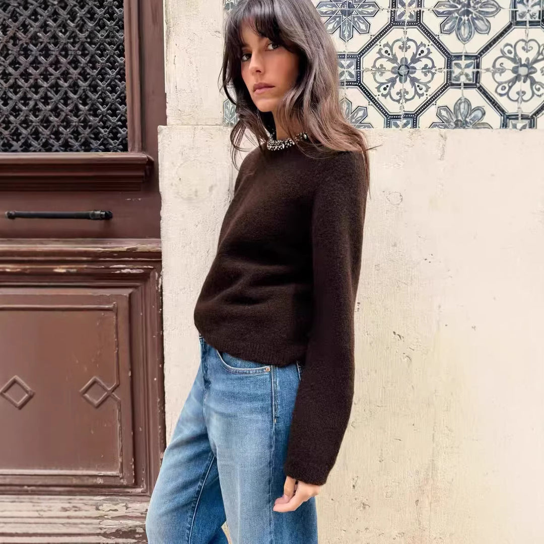 Damen Feinstrick-Pullover mit Schmuckkragen und leichtem Boxy-Cropped-Schnitt Drune