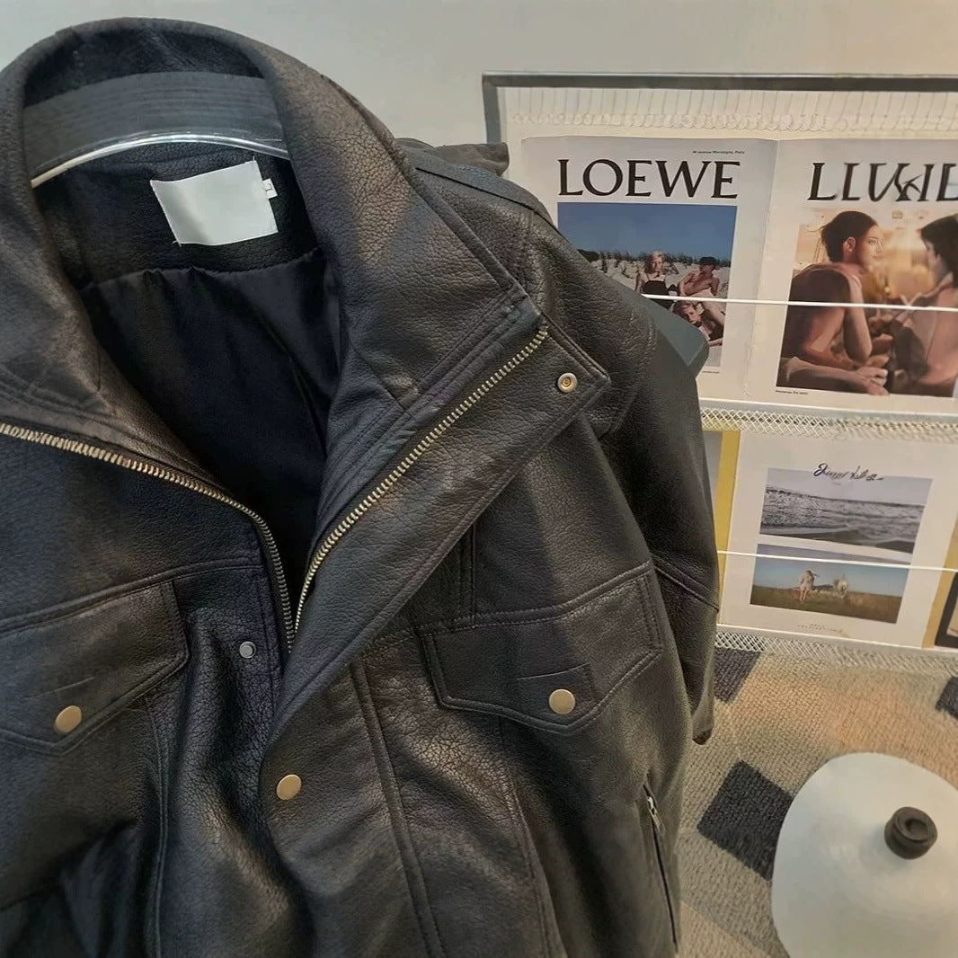 Damen Modische Kunstlederjacke mit hohem Kragen Drune