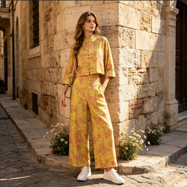 Damen Zweiteiliges Jacquard-Set mit Stehkragen und Knotenverschlüssen Drune
