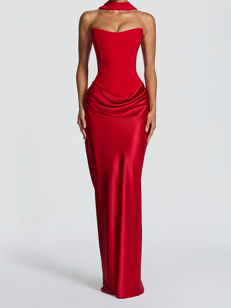 Damen Elegantes Langarm-Maxikleid mit raffinierten Drapierungen Drune