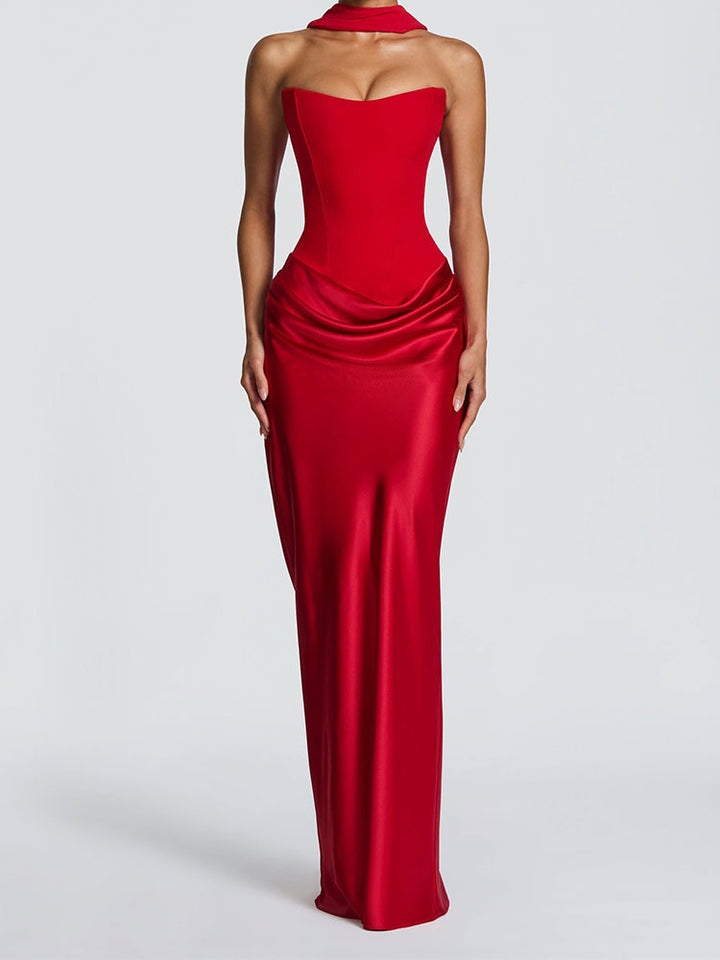 Damen Elegantes Langarm-Maxikleid mit raffinierten Drapierungen Drune