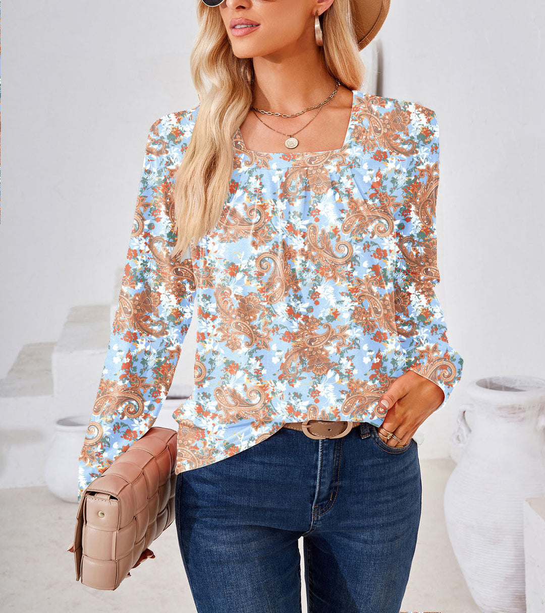 Damen florales Langarmbluse mit elegantem Quadrat-Ausschnitt Drune