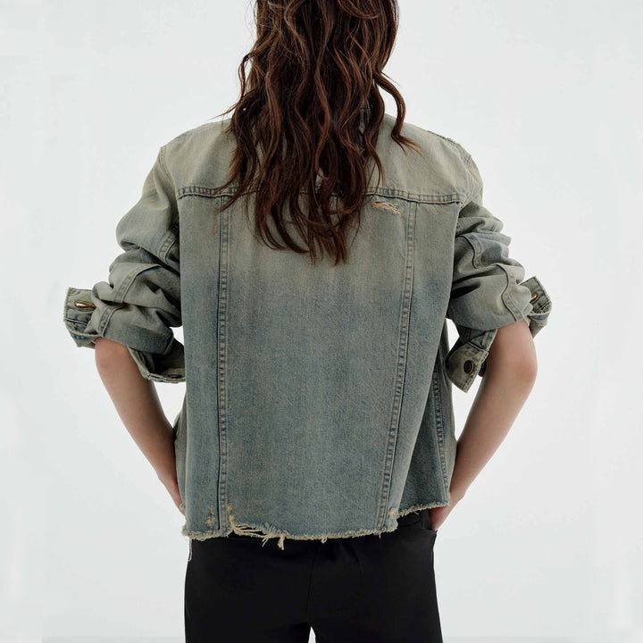 Damen nan oversized Destroyed-Denimjacke mit rohem Saum, aufgesetzten Brusttaschen und vintage Waschung Drune
