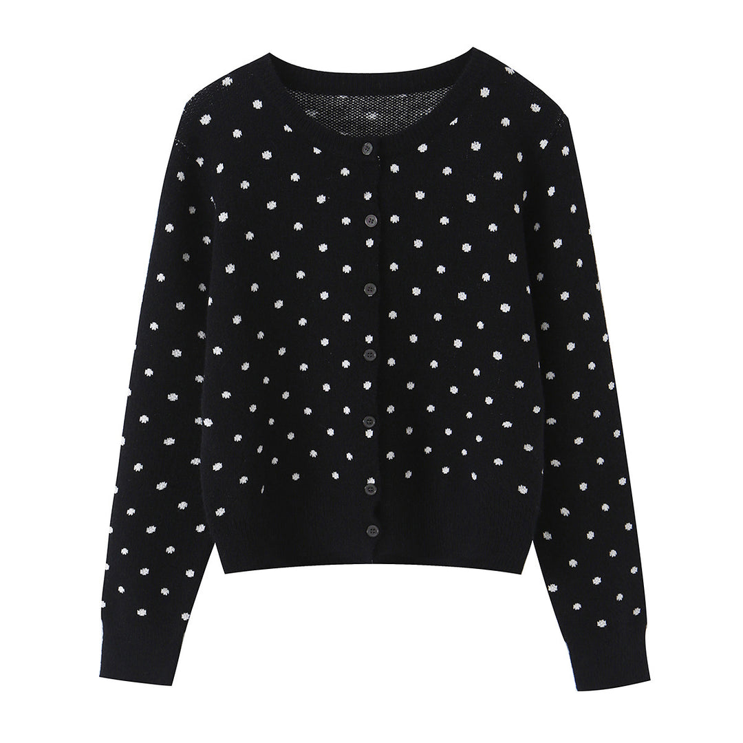 Damen nan feiner gestrickter Rundhals-Pullover mit Pünktchen-Jacquard und kurzem Taillenbund Drune