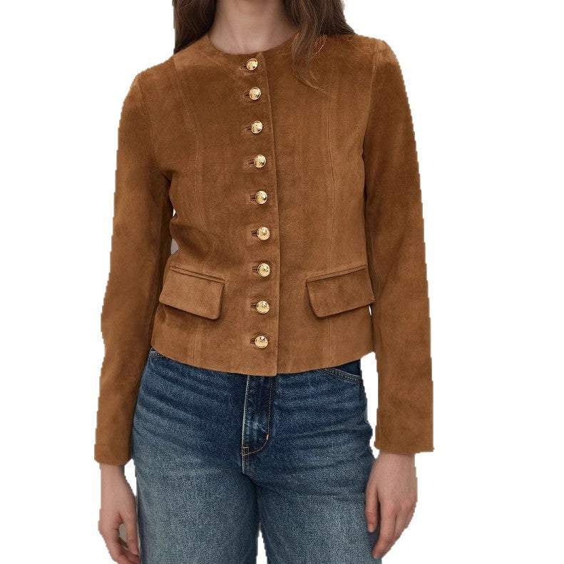 Damen Taillierte Wildlederoptik‑Jacke mit Stehkragen und Zierknopfleiste Drune