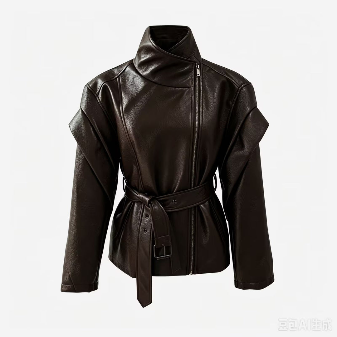 Damen Taillierte Kunstlederjacke mit hohem Stehkragen, asymmetrischem Reißverschluss und Bindegürtel Drune