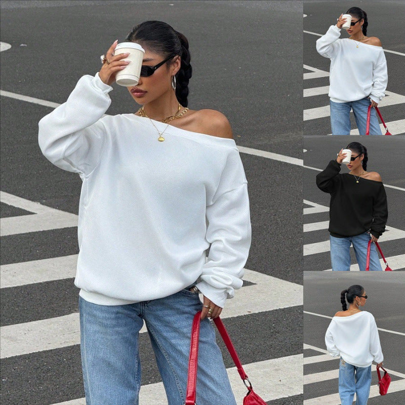 Damen Oversize Off-Shoulder Sweatshirt mit weitem Schnitt und schrägem Ausschnitt Drune