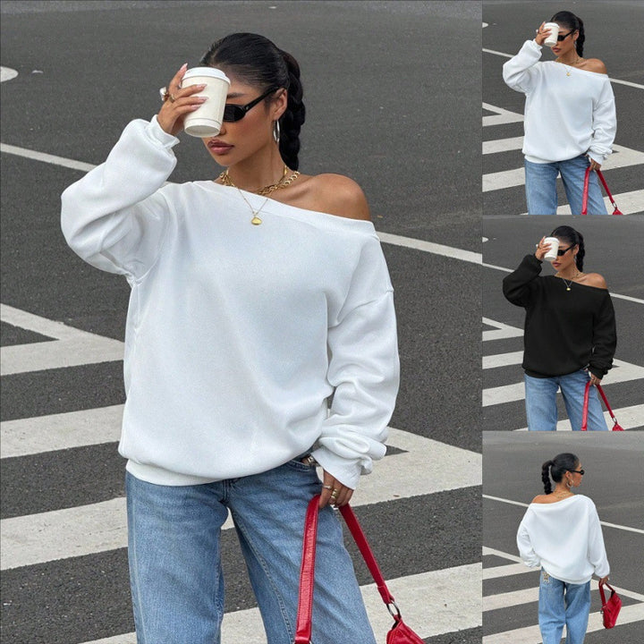 Damen Oversize Off-Shoulder Sweatshirt mit weitem Schnitt und schrägem Ausschnitt Drune