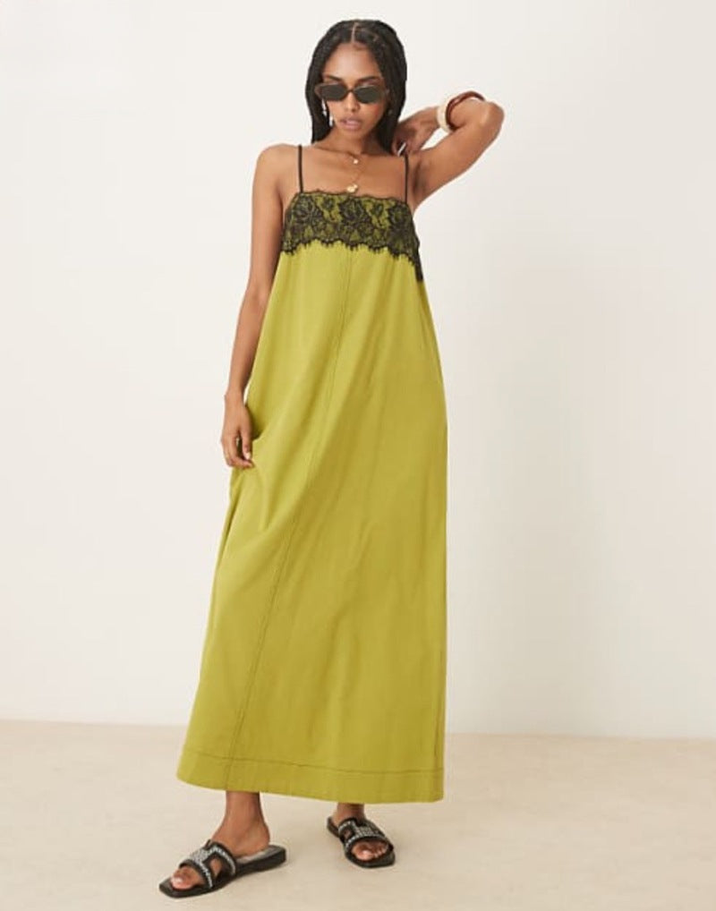 Damen nan nachtwäscheinspiriertes Maxikleid mit Spitzenbustier und schmalen Spaghettiträgern Drune