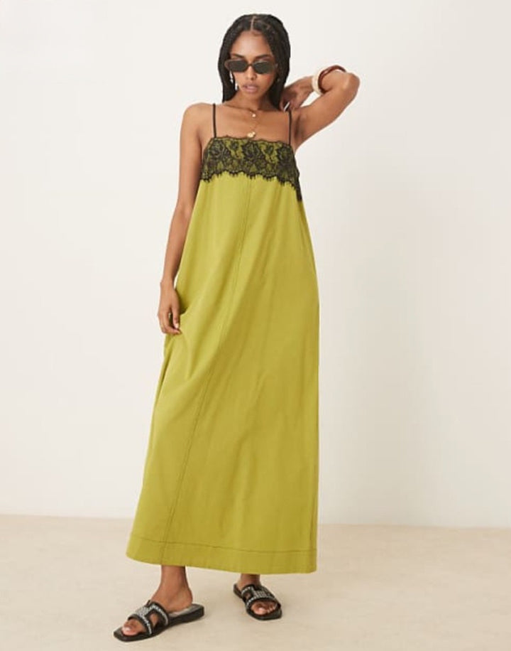 Damen nan nachtwäscheinspiriertes Maxikleid mit Spitzenbustier und schmalen Spaghettiträgern Drune