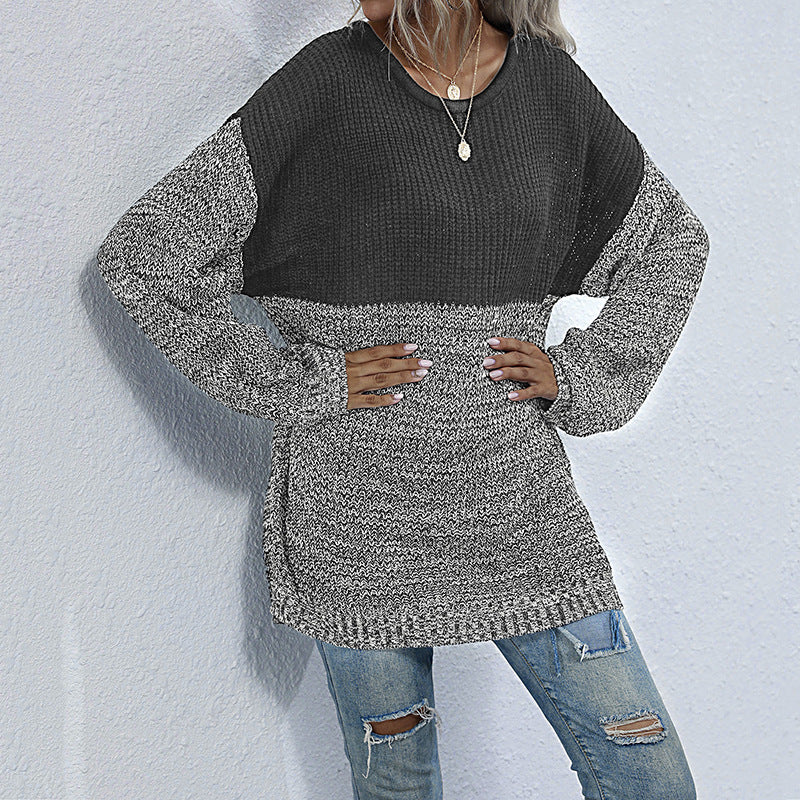 Damen Oversize Strickpullover mit Colorblock-Optik, rundem Ausschnitt und melierter Strukturstrick Drune