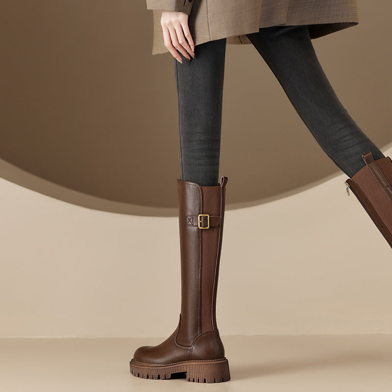 Damen lange Stiefel mit elegantem Schnallenakzent und rutschfester Sohle Drune