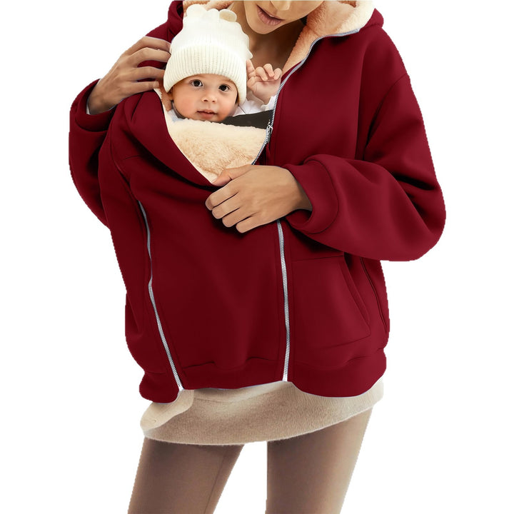 Damen nan Babytrage-Hoodie mit Teddyfutter und Zweiwege-Reißverschluss Drune