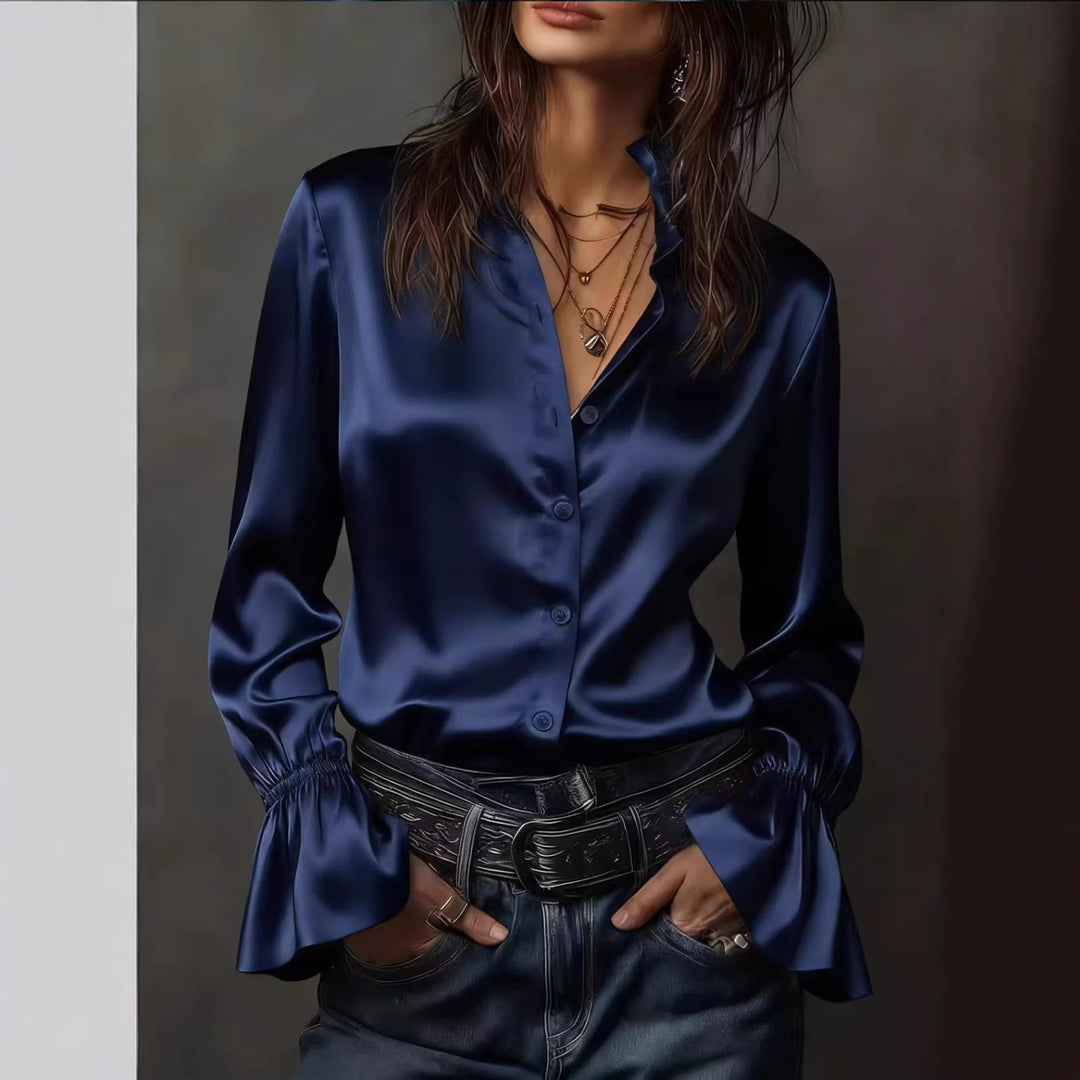Damen Seidenglänzende Satinbluse mit Stehkragen, Knopfleiste und Volantärmel Drune