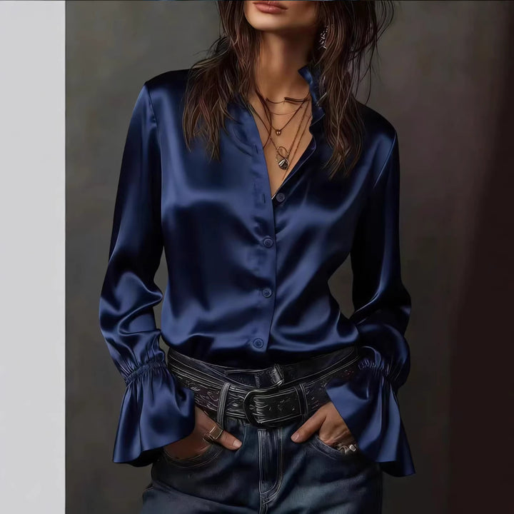 Damen Seidenglänzende Satinbluse mit Stehkragen, Knopfleiste und Volantärmel Drune