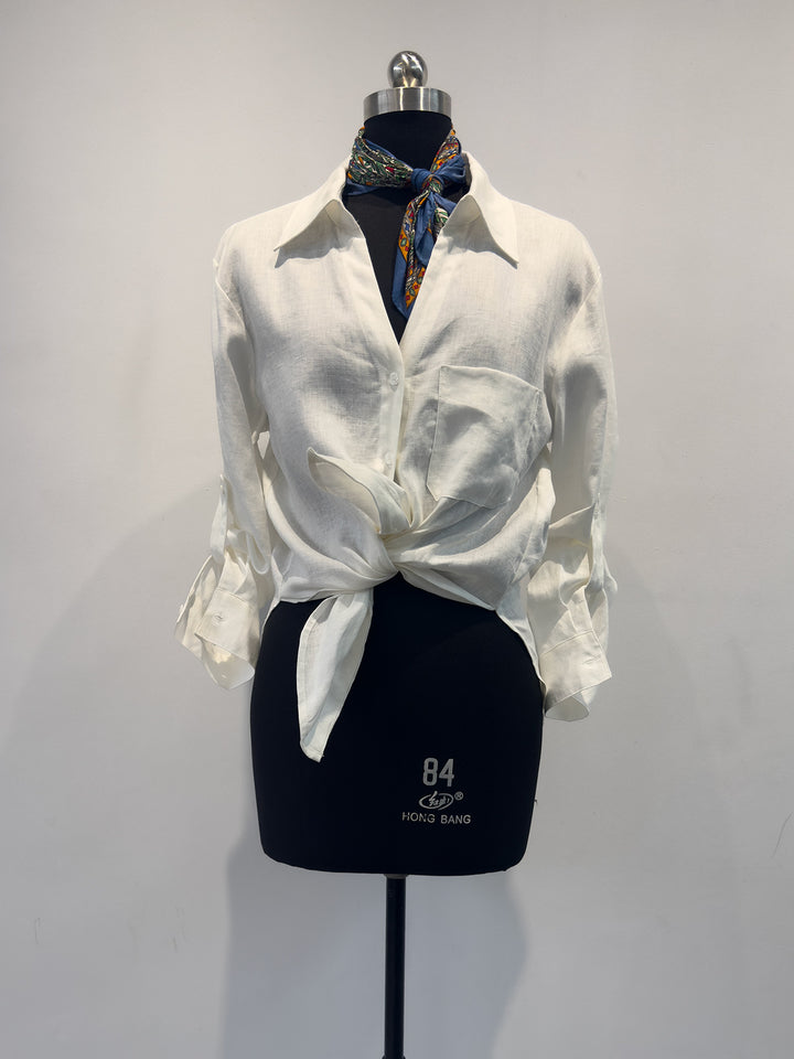 Damen Freizeit Knoten-Front Leinen Hemd Drune