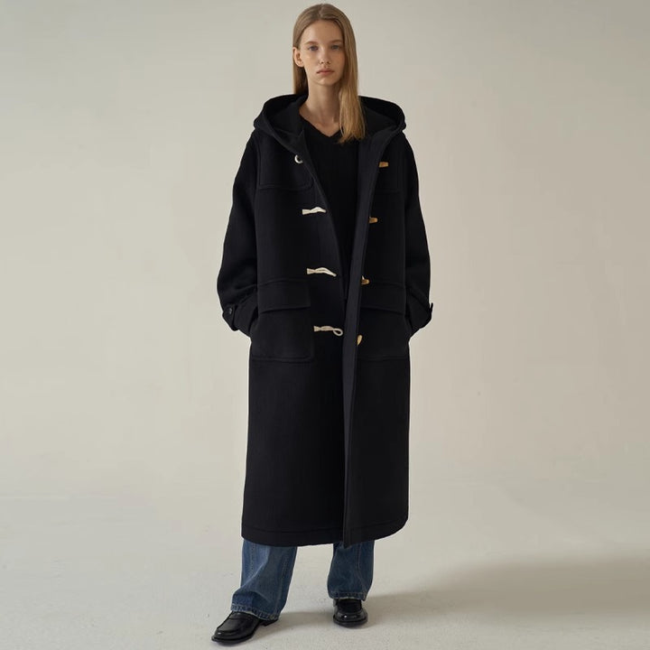 Damen langer Dufflecoat mit Kapuze Drune