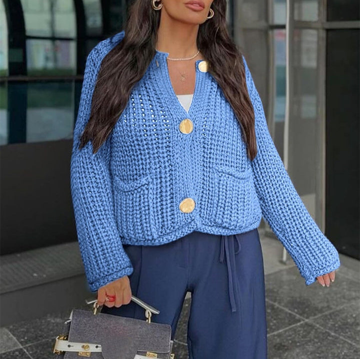 Damen Kurzcardigan im Rippen-Grobstrick mit aufgesetzten Taschen und Statementknöpfen Drune