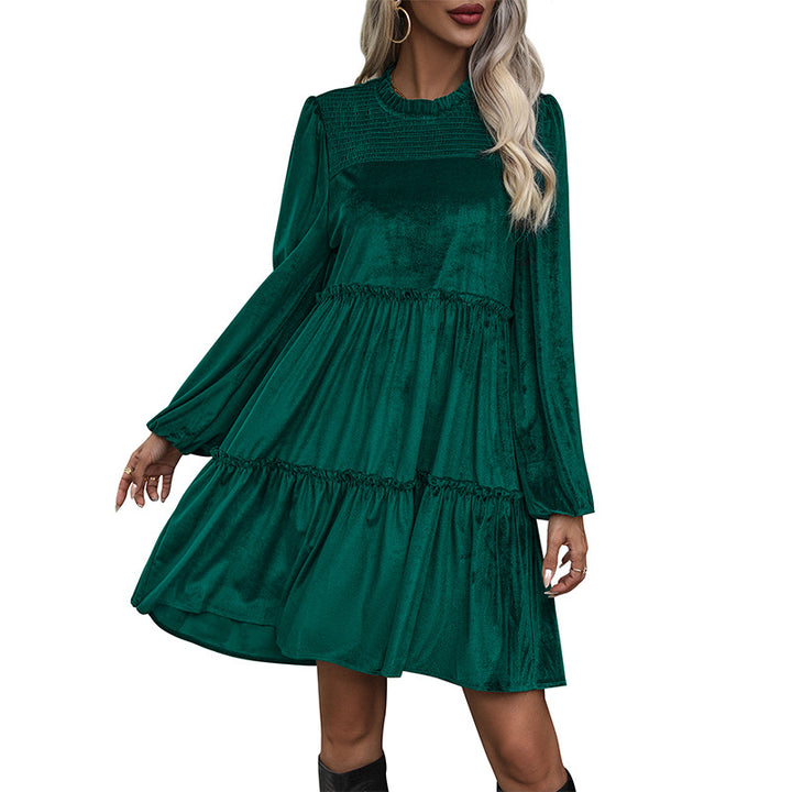 Damen Samtkleid mit geraffter Stufen‑A‑Linie und gesmokter Brustpartie Drune