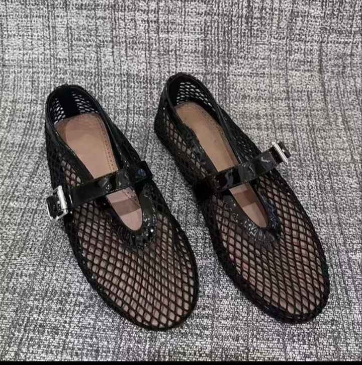 Damen Netz-Ballerinas mit elegantem Riemen und bequemer Sohle Drune