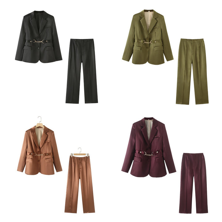 Damen elegantes Satin-Blazer-Set mit Kettenakzent Drune
