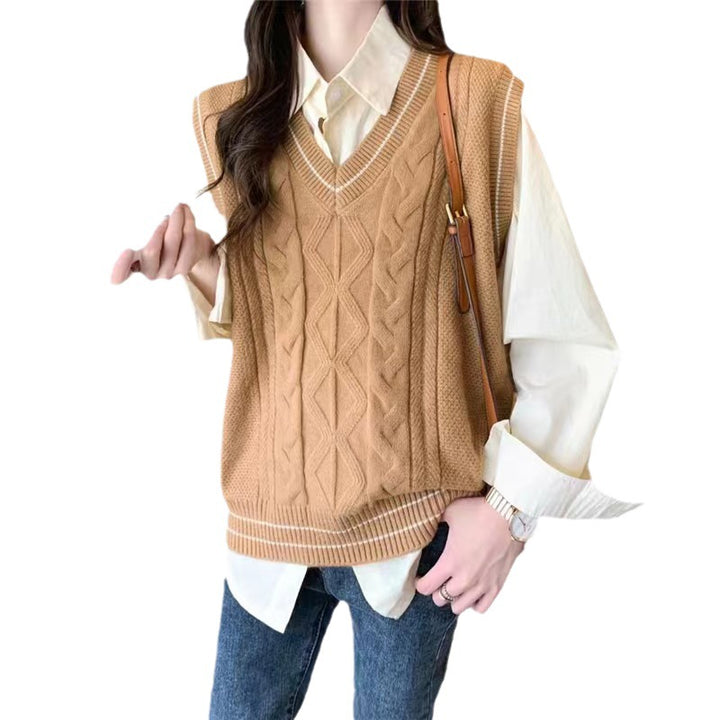 Damen Strickpullover mit V-Ausschnitt und geometrischem Zopfmuster Drune