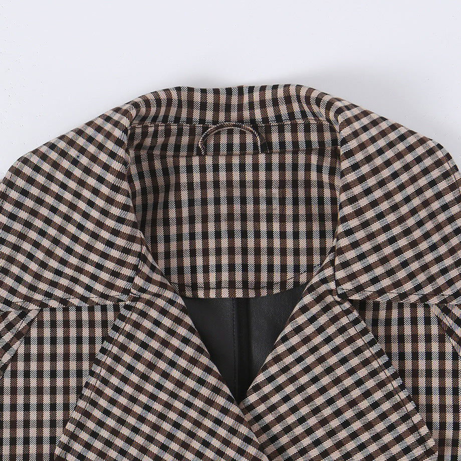 Damen Kurze Karo-Trenchjacke mit Tunnelzug-Taille und weitem Revers Drune